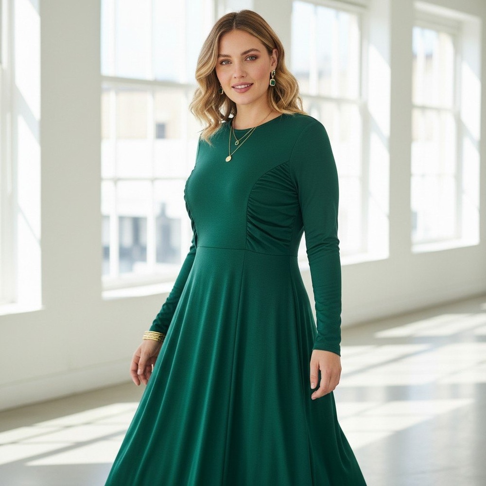 ANGVNS Fit and Flare Dress Women XXL Green Ruched Long Sleeve A-Line Jersey New